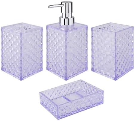 Bathroom Accessory Set, Grid Pattern 4 Pcs Plastic Bathroom Set, Purple