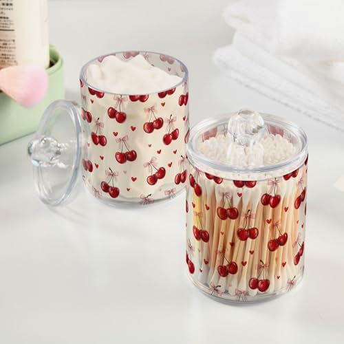 Gredecor 4 Pack Qtip Holder Clear Retro Cherry Heart Bow Apothecary Jars with Lids Acrylic Bathroom Jars Vanity Countertop Canister Storage Organizer for Cotton Ball,Swabs,Pads,Floss