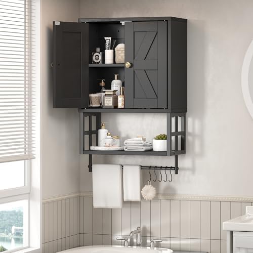 Bathroom Wall Cabinet, Farmhouse Medicine Storage with Towel Bar, Black