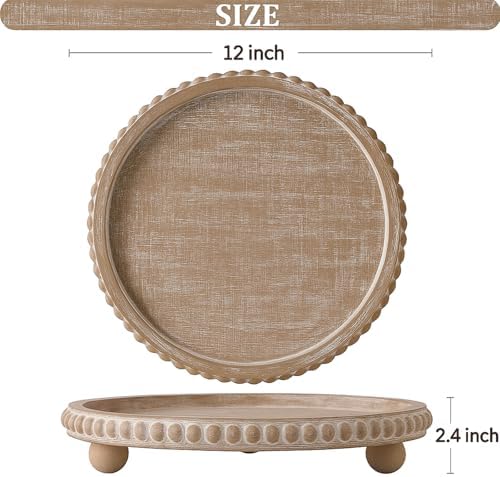 Beige Round Wooden Tray for Decor, Decorative Coffee Table Tray