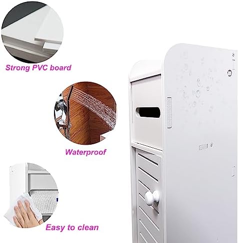 Small Bathroom Storage Cabinet, Over The Toilet Storage Cabinet for Skinny Bathroom Floor, Slim Toilet Paper Storage with Double Doors & Shelves - White
