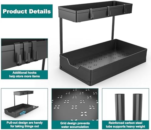 NATURE'S SOURCE 2 Pack Under Sink Organizer 2 Tier Sliding Cabinet Organizers Multi-Purpose Sink Storage Basket L-Shape Narrow Space Storage Shelves with 4 Hook for Kitchen Bathroom Drawer, Black