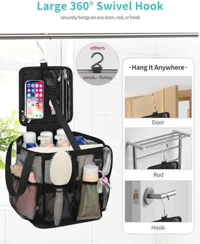 CUBETASTIC Mesh Shower Caddy Portable - Large Capacity Shower Tote for College Dorm Essentials, Bathroom, Gym, Camping, 360° Hanging Hook & 4 Pockets Travel Toiletry Bag (A# Black, 8.6"×8.6"×9.8")