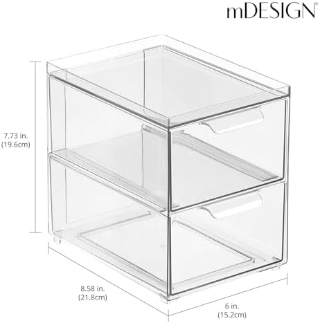 mDesign Stackable Storage Containers Box with 2 Pull-Out Drawers - Stacking Plastic Drawer Bins for Kitchen Pantry and Cupboard, Cabinet, Counter, Island and Tables - Lumiere Collection - Clear