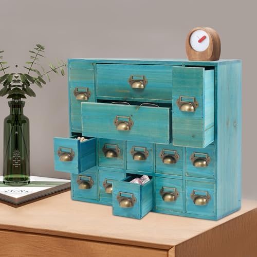 Apothecary Cabinet with 14 Drawers Card Catalog Cabinet, Library Card Catalog Drawer with Metal Handles & Label Slot Wooden Desk Drawer Organizer for Herb Storage, Tea Collection (Blue)
