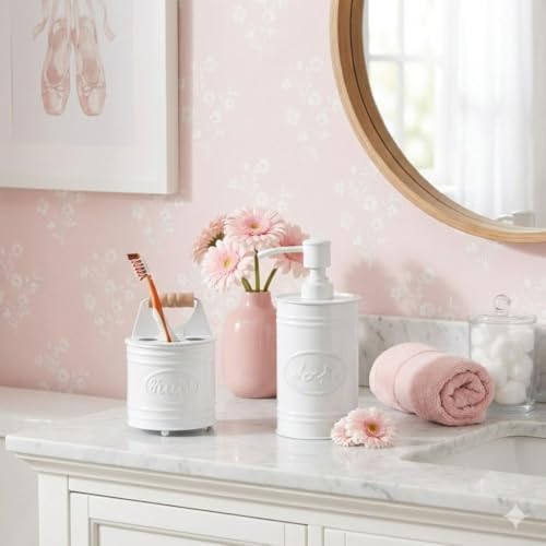 Autumn Alley Kids Bathroom Accessories Set – 2-Piece White Soap Dispenser & Toothbrush Holder, Farmhouse Bathroom Countertop Organizer for Kids, Durable Metal Bathroom Set with Wood Handle