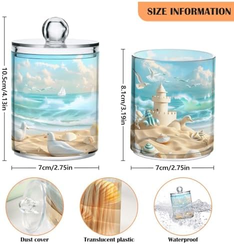 ALAZA 2 Pack Qtip Holder Beach Scene Seagulls, Cotton Swab Dispenser with Lid Bathroom Containers Canister Organizer Storage Jar