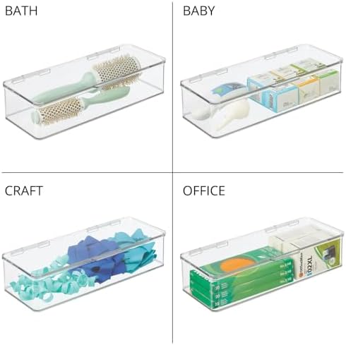 mDesign Makeup Storage Stackable Organizer Box for Bathroom Vanity, Countertops, Drawers - Holds Blenders, Eyeshadow Palettes, Lipstick, Lip Gloss, Makeup Brushes - Hinged Lid - 2 Pack - Clear