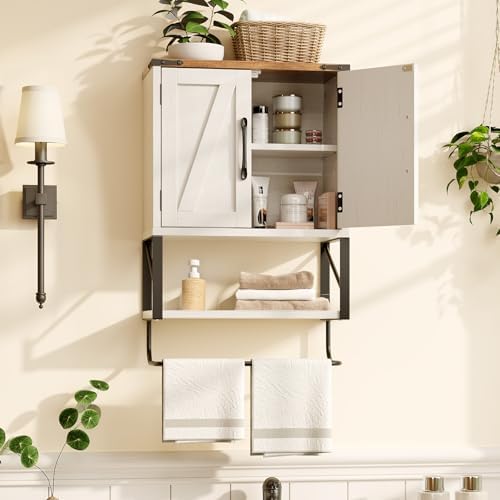 Bonnlo Wall Cabinet Farmhouse with Tower Bar Small Bathroom Medicine Cabinet Over Toilet Storage Organizer with Tower Bar Wall Mounted for Bathroom Kitchen Rustic White & Brown