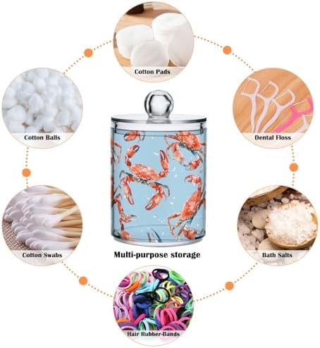 4 Pack Red Crabs on Blue Clear Plastic Jars 10 Oz Apothecary Jars Bathroom Canister for Cotton Ball, Swab, Floss, Makeup Sponges, Hair Clip