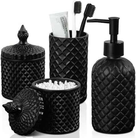 RYTOXILO Matte Black Bathroom Accessories Set, 4 Pack Black Bath Accessory Sets Complete, Diamond Glass Soap Dispenser and Toothbrush Holder Set for Countertop, Gothic Decor Organizer Essentials