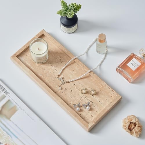 Natural Travertine Vanity Tray, Stone Organizer for Bathroom & Kitchen