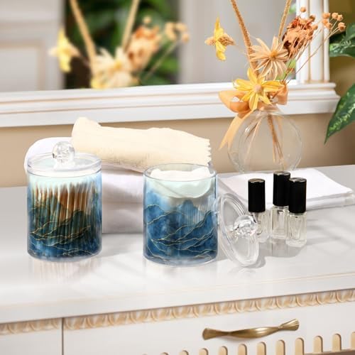 MNSRUU 4 Pack Qtip Holder Organizer Dispenser Blue Watercolor Marble Bathroom Containers Bathroom Vanity Storage Canister Apothecary Jars for Cotton Swabs/Pads/Floss