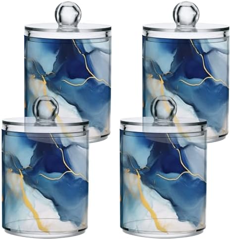 4 Pack Qtip Holder Dispenser with Lids, Watercolor Blue Gold Marble Plastic Storage Containers,Bathroom Canisters Organizer for Cotton Ball, Swab, Round Pads, Floss 21215195