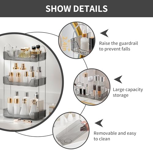 YCIA&DONE Bathroom Organizer Countertop, Makeup Storage, Skincare Cosmetic Tray Shelf, Perfume Holder Rack for Vanity Counter, Large Capacity, Easy to Install, Clean, 3 Tiers, Smoky Gray