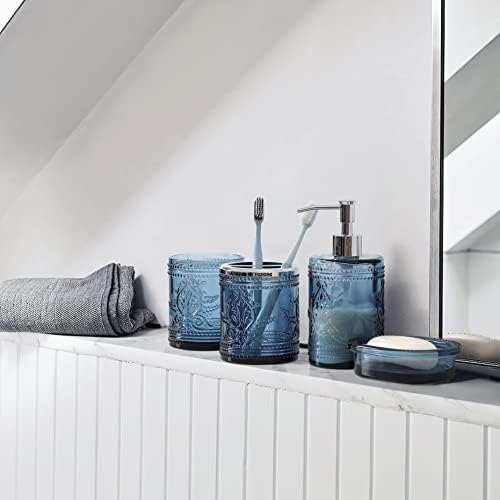 4PCs Teal Blue Glass Bathroom Accessories Set with Decorative Pressed Pattern - Includes Hand Soap Dispenser & Tumbler & Soap Dish & Toothbrush Holder (Dark Blue)