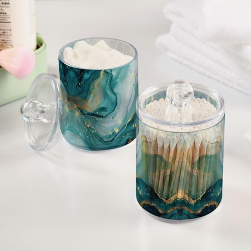 Abstract Turquoise Pattern Qtip Holder 4 Pack - 10 Oz Clear Plastic Apothecary Jar Set for Bathroom Organization - Versatile Canister Storage for Cotton Balls, Swabs, Rounds