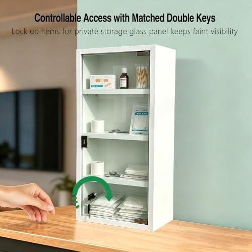 Locking Stainless Steel Medicine Cabinet, 4 Tier Wall Mounted Storage Cabinet, Durable Stainless Steel, Surface or Flush Mount, Ideal for Home, Office or First Aid, 10.6 * 4.7 * 22.4