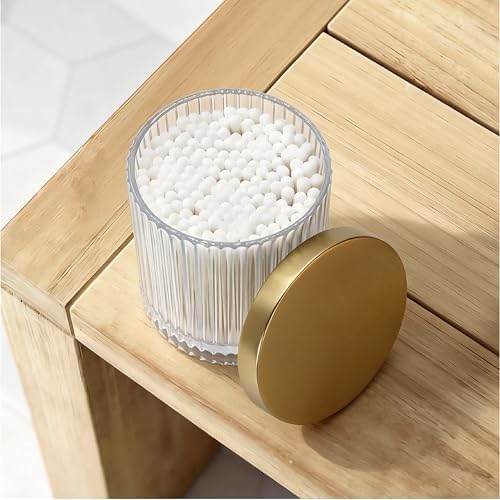 2 Pack Qtip Holder Dispenser with Metal Lids | Ribbed Glass Canister Set for Bathroom Vanity (Gold 2 Pcs)