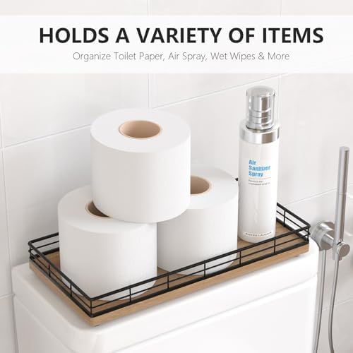 Toilet Paper Basket Organizer, Acacia Wood Toilet Tank Tray, Metal Frame