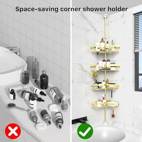 KEGII Corner Shower Caddy Tension Pole, Bathroom Storage Rack, Gold