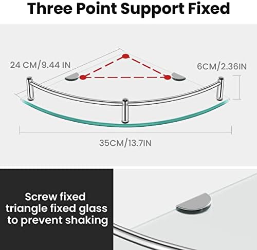 Glass Corner Shelves Tempered Bathroom Eestantes para Baños with Rail Wall Mounted Drill Hole for Corner Shower Shelf for Inside Shower 2 Pack（Sliver）
