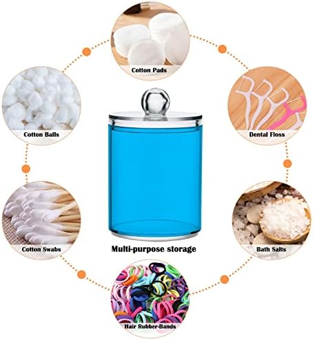 SHJI Sky Blue Qtip Holder Organizer Dispenser Cotton Swabs Cans Plastic Jars with Lid Set 4 Pack Bathroom Storage Canister for Cotton Ball Floss Cotton Pads