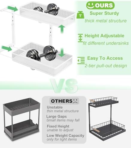 Under Sink Organizer 2 Pack, High Adjustable 2 Tier Under Sink Organizers and Storage, Slide out Metal Cabinet Organizers, Pull out Storage Drawer Shelf for Kitchen Bathroom Cabinet (White)