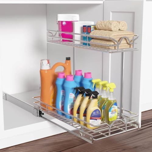 OCG Under Sink Cabinet Organizer Two Tier Pull Out Shelf (14.75W x 21D), Under Sink Sliding Shelf for Kitchen Bathroom Cabinet 2 Tier Chrome