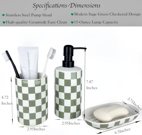 Bathroom Toothbrush Holder Set, Ceramic Soap Dispenser and Tooth Brush Holder and Soap Dish Set, Bathroom Accessories Sets Countertop, Sage Green Checkered Bathroom Decor Set