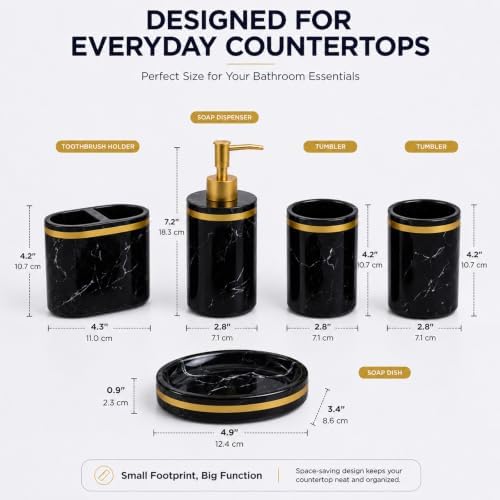 5-Piece Bathroom Counter Top Accessory Set - Dispenser for Liquid Soap or Lotion, Soap Dish, 2 Tumblers and Toothbrush Holder, Marble Pattern Resin (Classic Black)