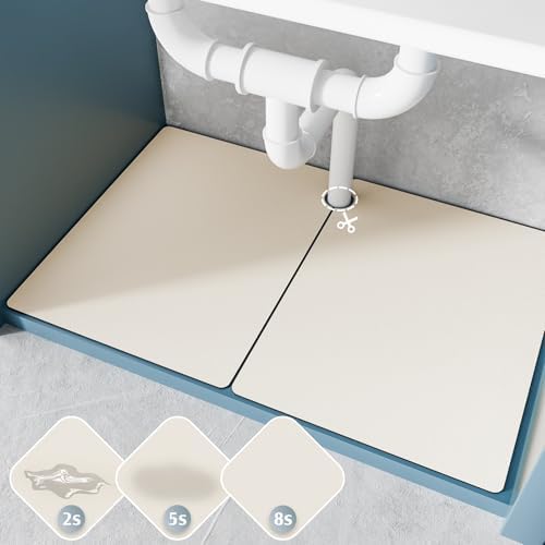 VERIFOST Under Sink Mat for Kitchen, 2 Piece Super Absorbent Undersink Mats for Bottom of Kitchen Sink, 34" X 22" Cuttable Under Sink Liner, Quick-Dry Under Bathroom Sink Mat, Cream