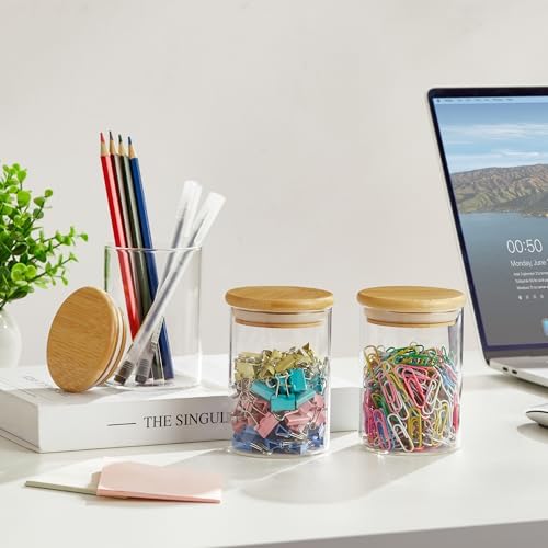 INIUNIK 3 Pack Qtip Holder Dispenser - Glass Apothecary Jars with Lids, Cotton Ball Pad Swab Round Holder, Bamboo Bathroom Accessories, Bathroom Organizers Containers Jars Canisters with Lids