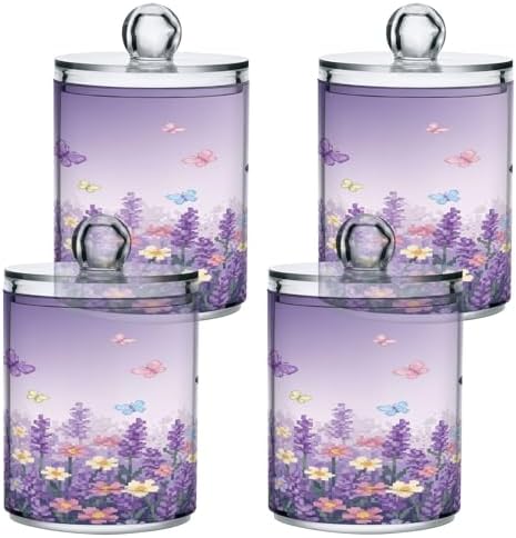 ALAZA Lavender Flower Butterfly Floral 4 Pack Qtip Holder Dispenser for Cotton Swabs, Balls, Pads, Floss 10 oz Plastic Canister Organizer