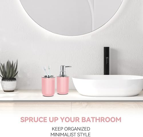 Pink Bathroom Accessories Set 2 PCS, Soap Dispenser and Toothbrush Holder