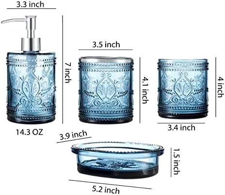 4PCs Teal Blue Glass Bathroom Accessories Set with Decorative Pressed Pattern - Includes Hand Soap Dispenser & Tumbler & Soap Dish & Toothbrush Holder (Dark Blue)