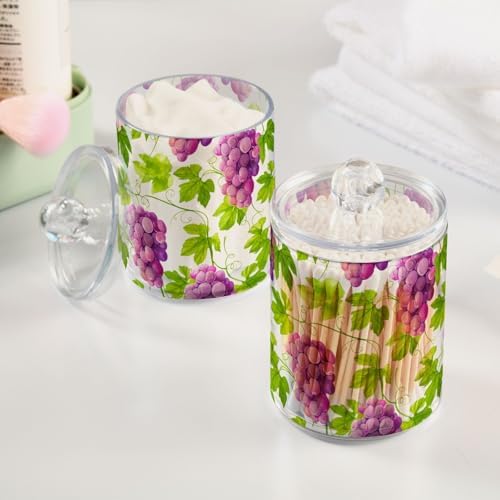 DOMIKING Watercolor Grape White 2 Pack Cotton Swab Holder Dispenser Plastic Jar Bathroom Storage Canister Acrylic Containers for Cotton Ball Floss Picks Hair Clips