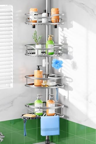 HAMITOR Shower Caddy Tension Pole: Rustproof Quick Install Standing Corner Bathroom Organizer Shelf on Floor for Renters - 4-Tier Large Capacity Storage Rack with Soap Holder for Apartment -Silver