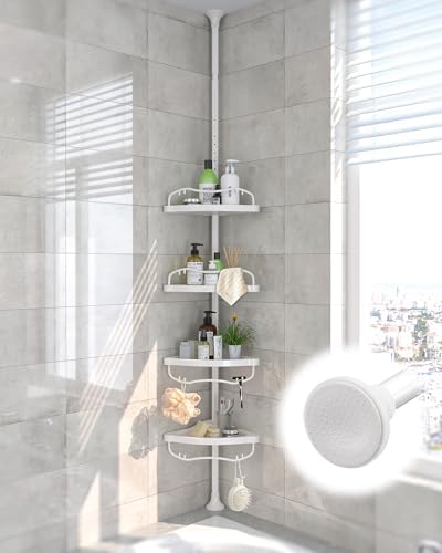 Corner Shower Caddy:125" Adjustable Inside Tension Shower Organizer Tension Pole,Rustproof Bathroom Organizer Shelves for Bathtub Shampoo Conditioner Storage,Floor to Ceiling Standing Showering Rack