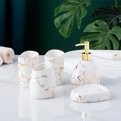 Ceramics White Bathroom Accessories Set,Gold Marble Look Bathroom Decor,Modern 6 Piece Bathroom Accessory Set,Complete with Soap Dispenser,Toothbrush Holder,Tumbler,Tray Countertop