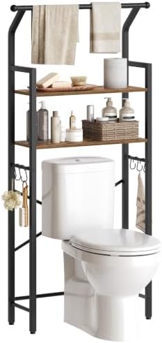 YATINEY 2-Tier Over The Toilet Storage, Multifunctional Vertical Over Toilet Bathroom Organizer, Freestanding Bathroom Storage Shelves with Hooks, Bathroom Organizer, Rustic Brown and Black TR01BR
