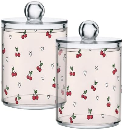 ALAZA 2 Pack Qtip Holder Cute Cherry Heart Pattern, Cotton Swab Dispenser with Lid Bathroom Containers Canister Organizer Storage Jar