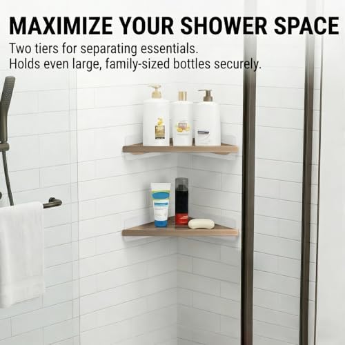 BVL Corner Shower Shelf, 8 Inch Champagne gold 2-PACK Bathroom Corner Organizer, Adhesive Wall Mounted Shower Caddy, Waterproof Rustproof Metal Storage Rack for Shampoo Soap