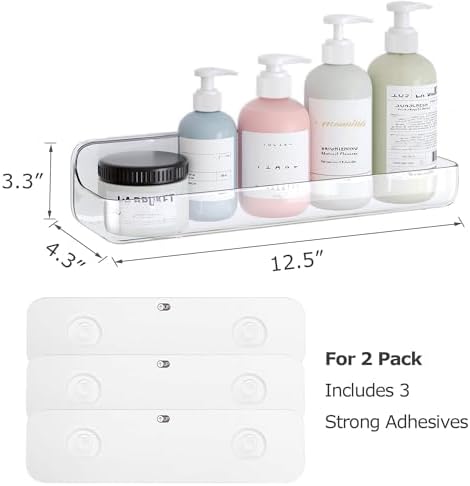 UDD Acrylic Clear Shower Caddy Adhesive Shelf, 2pc Plastic Shower Organizer with Self Adhesive Tape, No Drilling Wall Mount Shower Shelves for Bathroom Kitchen, Transparent