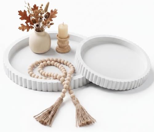 FGU 2 Pack Round Wood Decorative Trays for Coffee Table Home Decor, White