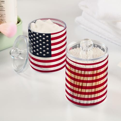 ALAZA Hipster American Flag 2 Pack Qtip Holder Dispenser for Cotton Swabs, Balls, Pads, Floss 10 oz Plastic Canister Organizer