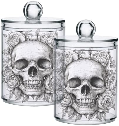 Sugar Skull Qtip Holder 2 Pack - 10 Oz Clear Plastic Apothecary Jar Set for Bathroom Organization - Versatile Canister Storage for Cotton Balls, Swabs, Rounds