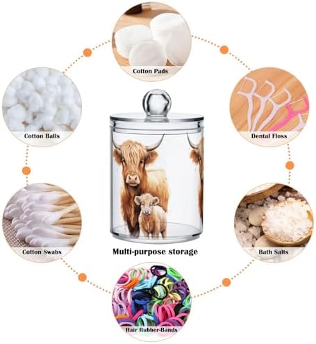 4 Pack Qtip Holder Dispenser with Lids, Highland Cow Plastic Storage Containers,Bathroom Canisters Organizer for Cotton Ball, Cotton Swab, Cotton Round Pads, Floss 21216458