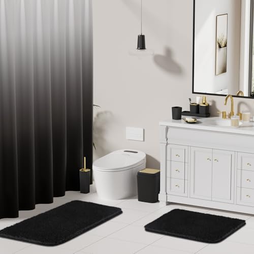XLHOMO Black Bathroom Set, Bathroom Sets with Shower Curtain and Rugs