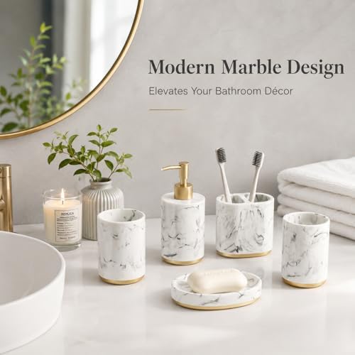5 Piece Bathroom Accessories Set, Marble Resin Bathroom Set with Soap Dispenser, Toothbrush Holder, Soap Dish and Tumblers, Modern Bathroom Countertop Decor with Gold Accents (White)